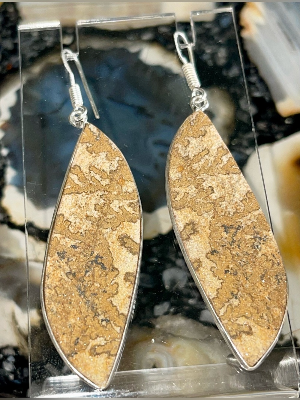 Manganese German Dendrite Fossil Earrings 2 1/2”